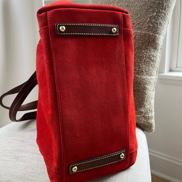 Dooney & Bourke Red Suede Tote with Leather Trim | Statement Lock Bag - Picture 6 of 11